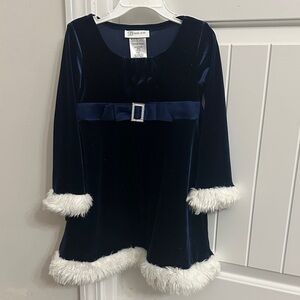 Bonnie Jean Christmas Blue Velvet Dress with White Trim